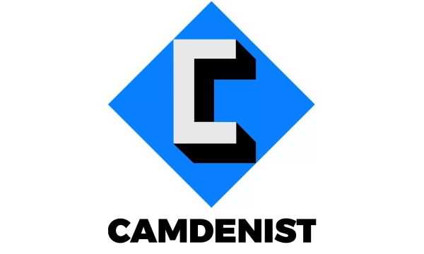 Logo featuring a blue diamond shape with a stylized, block-letter "C" in gray and black, above the bold word "CAMDENIST" in black.