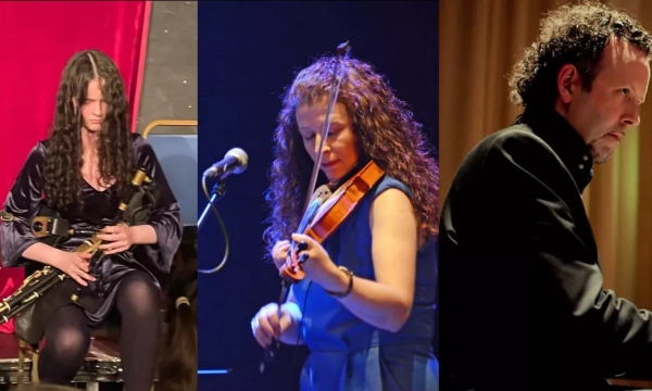 Three musicians performing: a young woman playing a traditional wind instrument, a woman with curly hair playing the violin, and a man focused on his piano performance.