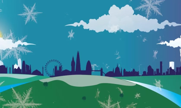 A stylized landscape featuring a blue sky with clouds, snowflakes, rolling green hills, and a city skyline highlighted by iconic structures like the London Eye.