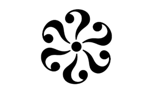 A symmetrical design featuring a large central circle with swirling patterns extending outward, creating a floral-like shape.